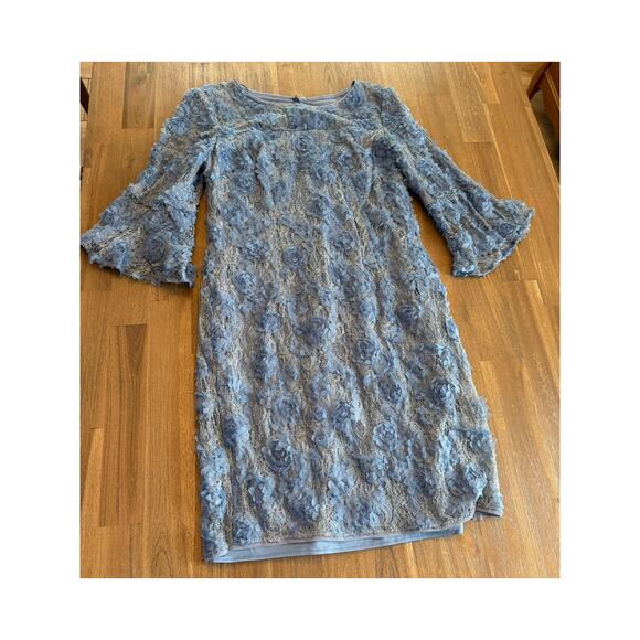 Alex Evenings Floral Ice Blue Soutache Illusion Neckline And Bell Sleeves Sz10 - Picture 1 of 9